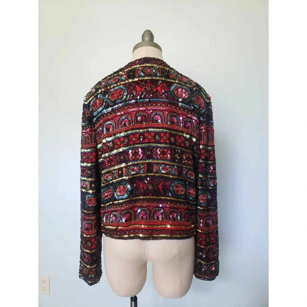 VTG Adrianna Papell Boutique Women's M‎ 100% Silk Beaded Jacket Red Gold Evening